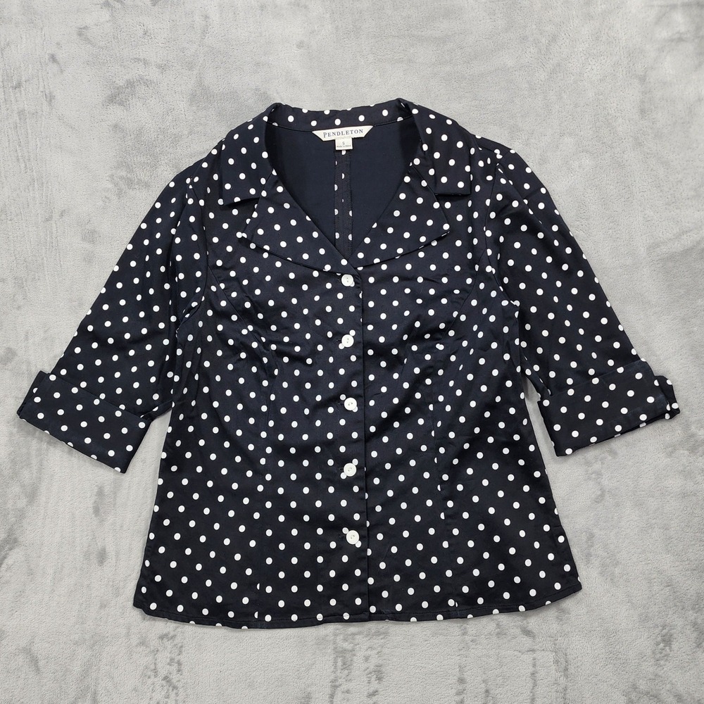Vintage Pendleton Top Womens S Black White Polka Dot 3/4 Sleeve Button Up Preppy
